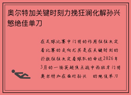奥尔特加关键时刻力挽狂澜化解孙兴慜绝佳单刀