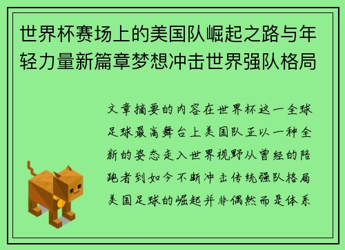 世界杯赛场上的美国队崛起之路与年轻力量新篇章梦想冲击世界强队格局