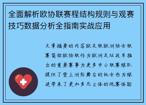 全面解析欧协联赛程结构规则与观赛技巧数据分析全指南实战应用