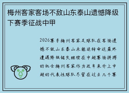 梅州客家客场不敌山东泰山遗憾降级下赛季征战中甲